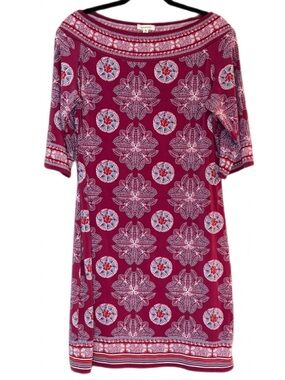 Max Studio Red Medallion Print Shift Dress XL 3/4 Sleeve Stretch